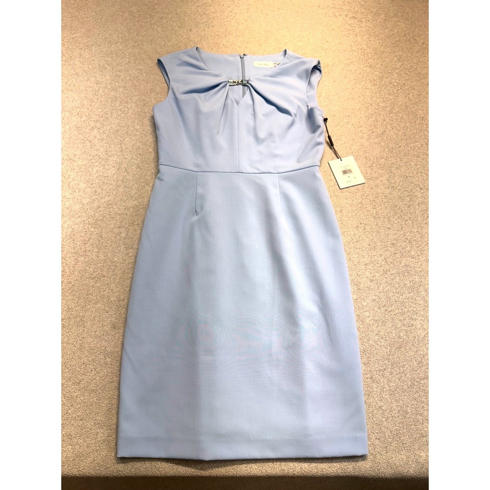 NWT Calvin Klein Size 6 Ice Blue Sheath Dress Sleeveless Midi Career Occasion